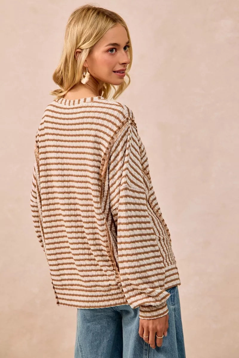 Open Seam Detail Textured Stripe Knit Top