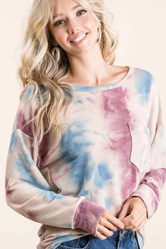 Tie Dye Print Terry Top With Front Patch Pocket