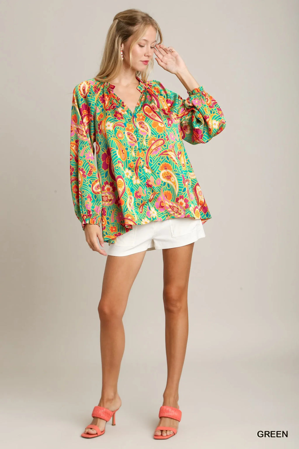 Satin Paisley Ruffle Neck Button-Up Shirt