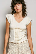 V-Neck Lightweight Textured Short Sleeve Knit Top with Lace Trim
