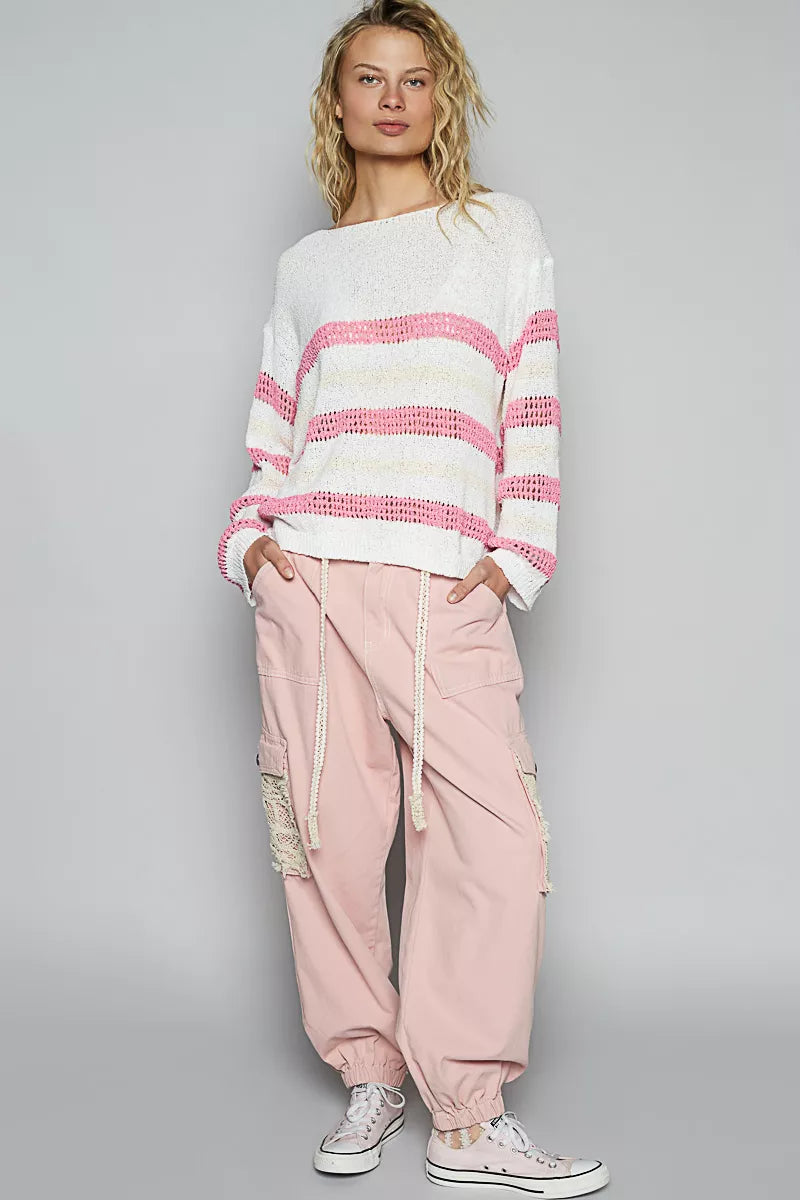 Striped Openwork Round Neck Knit Top