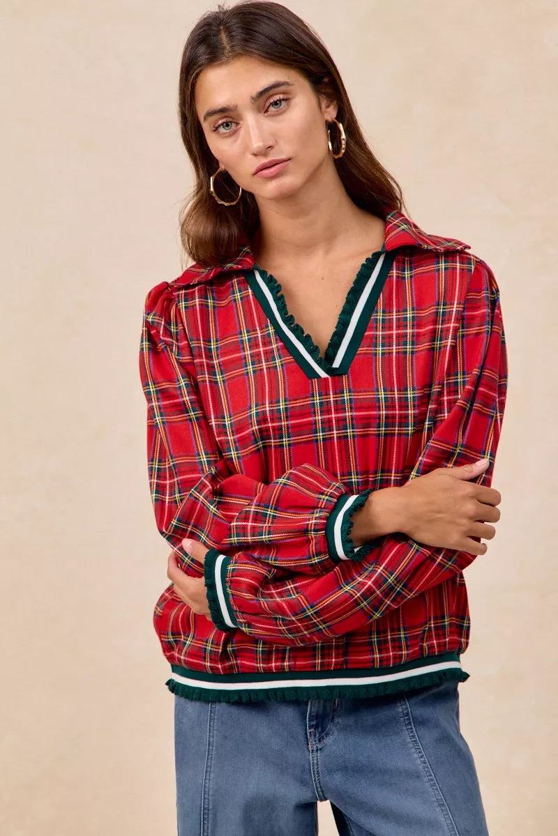 Christmas Plaid Collared Top with Ruffled Detail