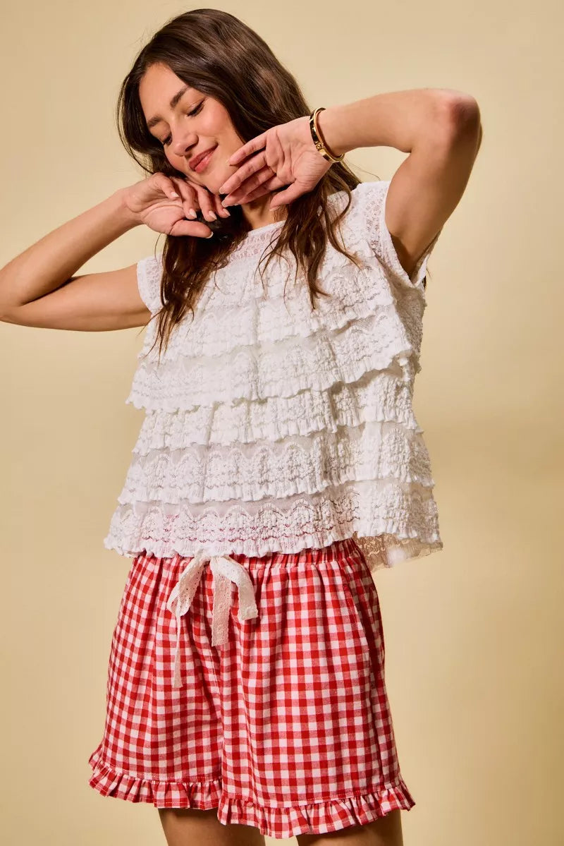 Ruffle Tiered Stretch Lace Short Sleeves Knit Top