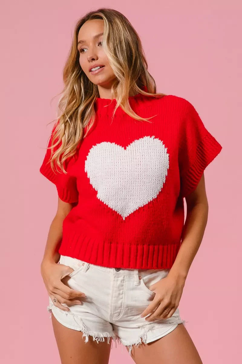 Rib Banded Heart Pattern Valentines Sweater