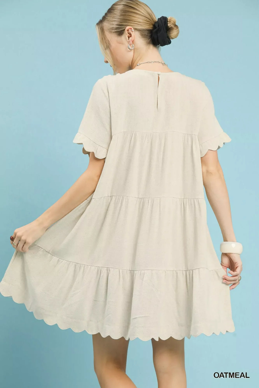 Linen Tiered Babydoll Dress with Ruffle Sleeves