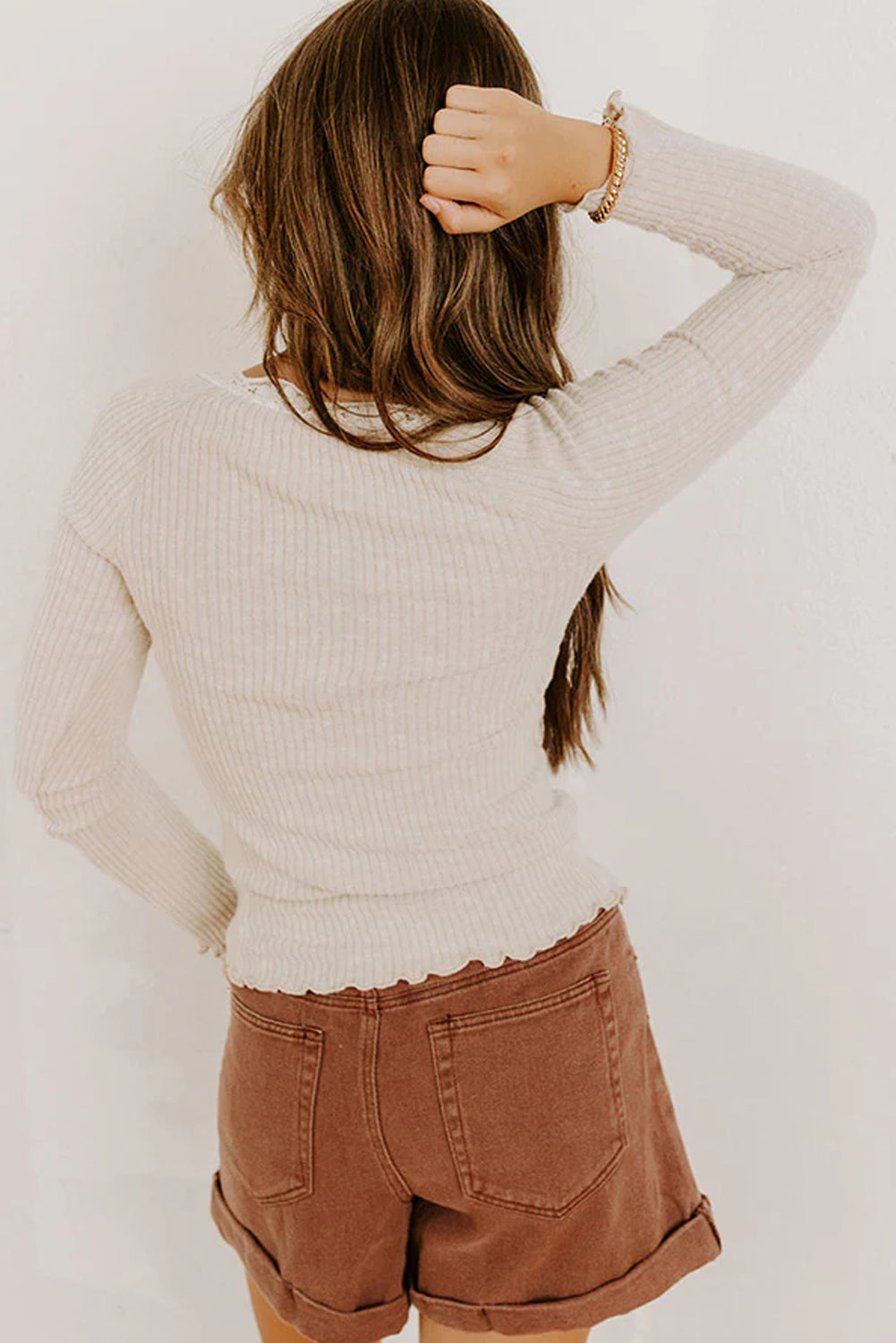 Beige Lace Neckline Button Decor Lettuce Edge Long Sleeve Ribbed Top