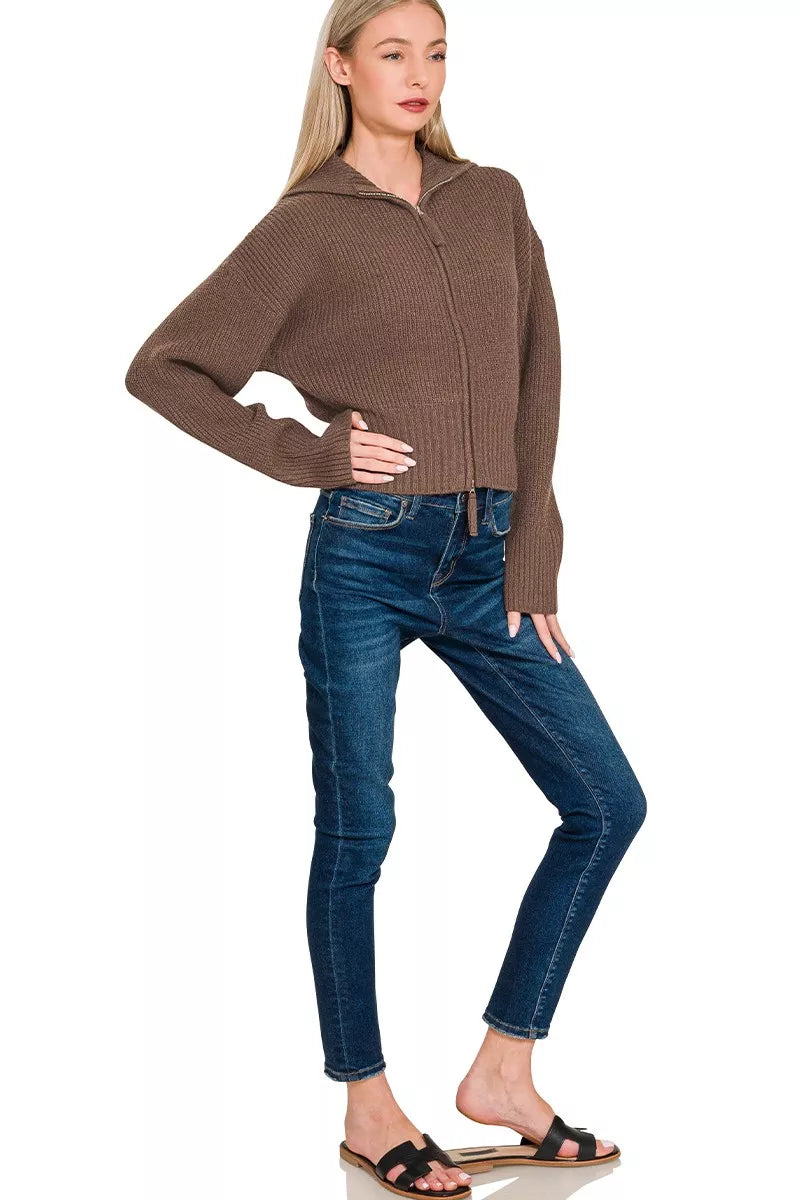 Ribbed Collared Zip Up Sweater Cardigan