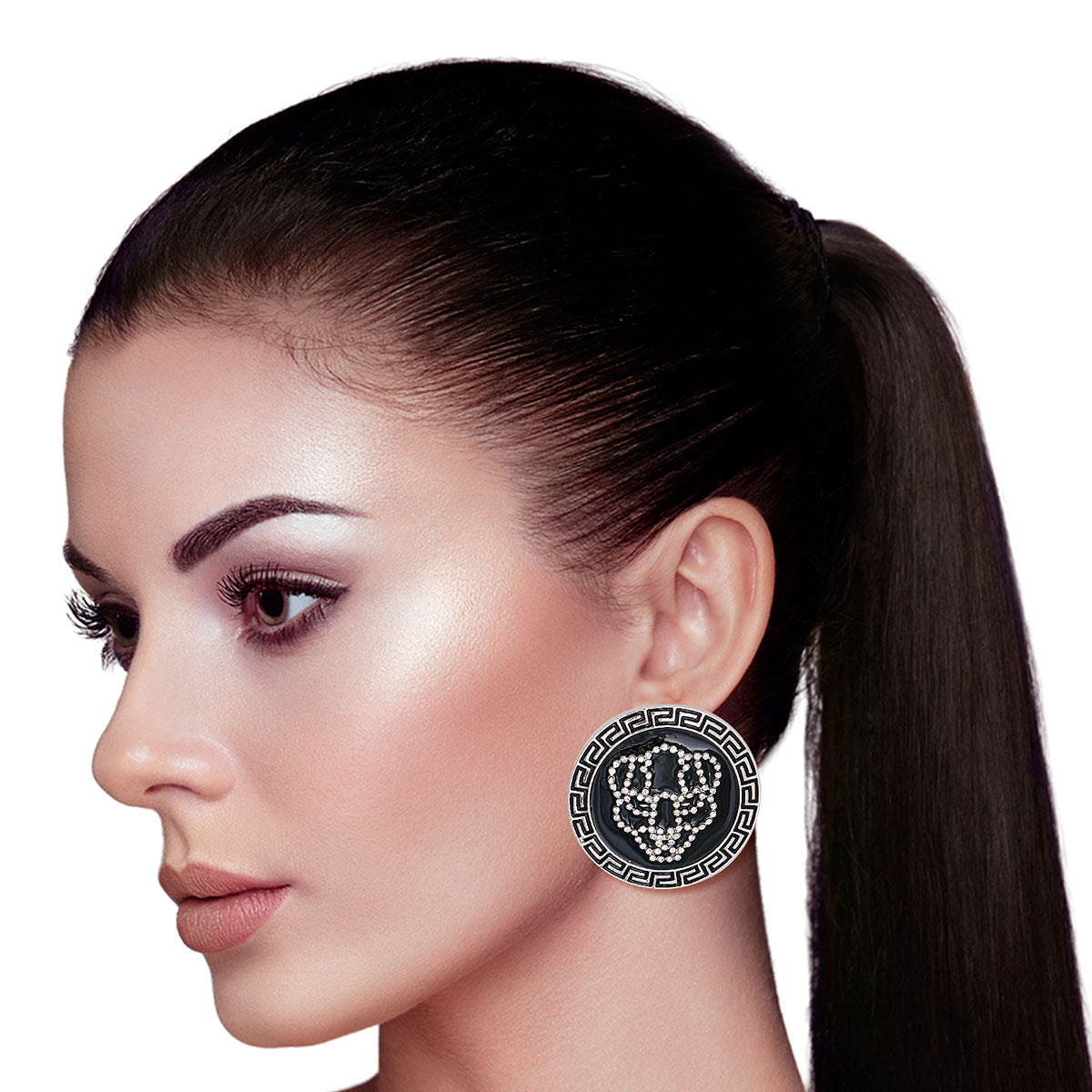 Stud Earrings Silver Tiger Greek Medallion Stylish Statement Jewelry