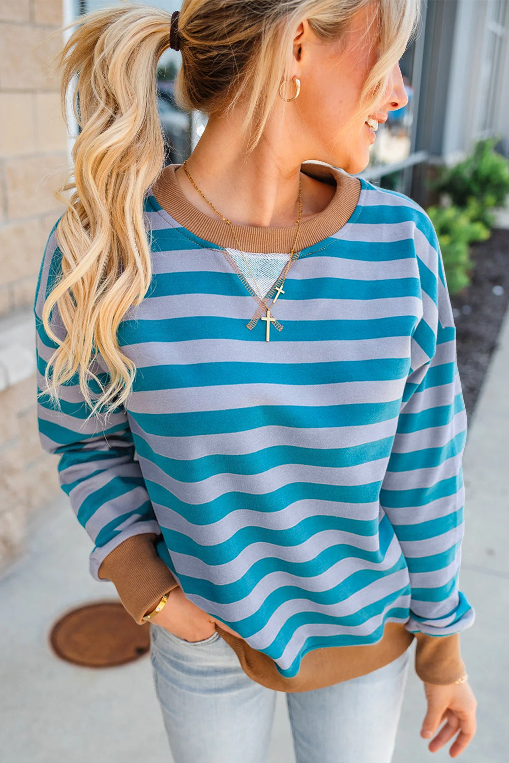 Sky Blue Stripe Contrast Color Ribbed Trim Round Neck Drop Shoulder Sweatshirt