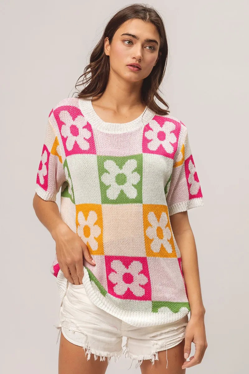 Flower Checker Pattern Lightweight Sweater Top