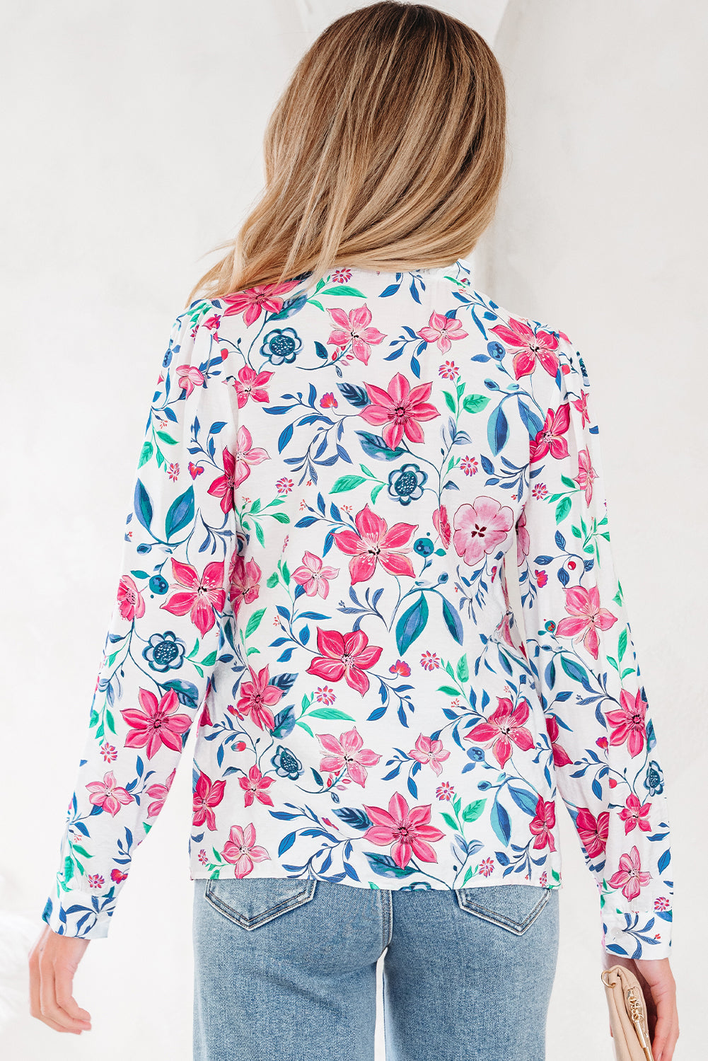 Pink Floral Print Lace Detail Button-up Long Sleeve Shirt