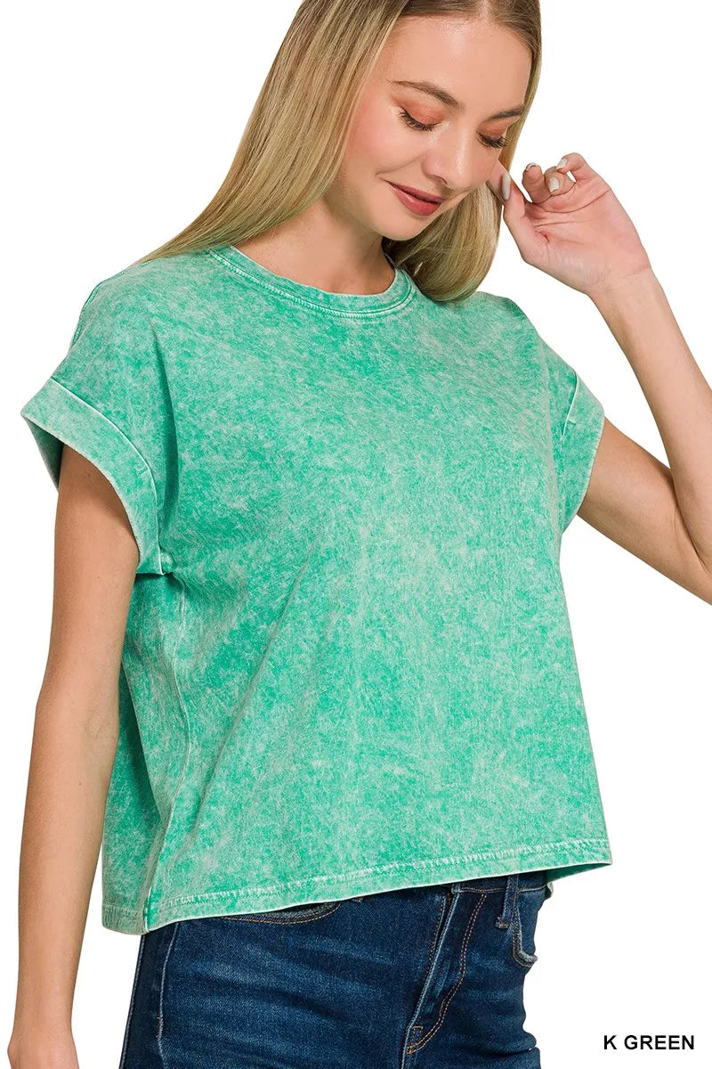 Halo Washed Cotton Cuffed Short Sleeve Top