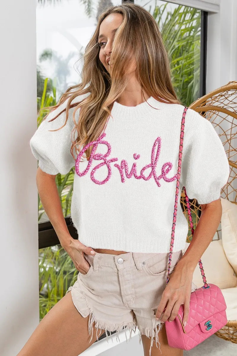 Metallic Letter Short Puff Sleeve Hairy Sweater