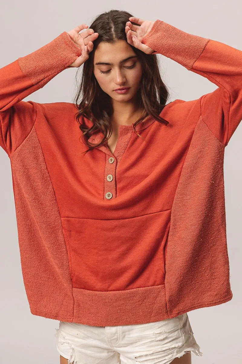 French Terry Knit Side Block Buttoned Henley Top