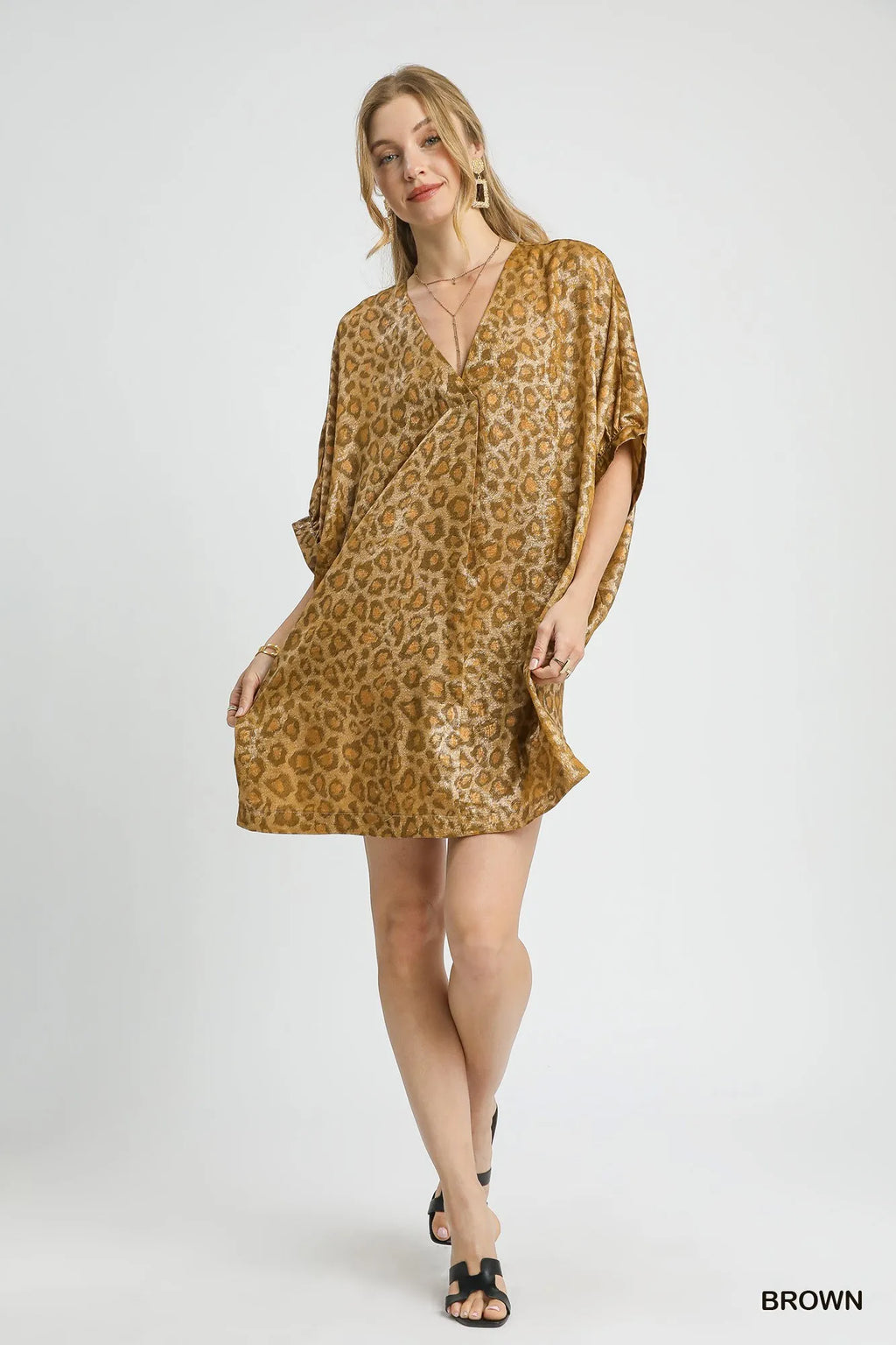 Metallic Leopard Print V-Neck Kimono Dress