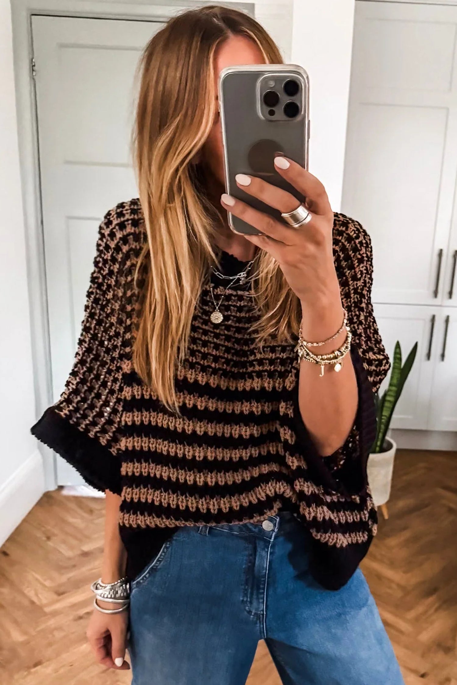 Black Stripe 3/4 Draped Sleeve Slouchy Sweater