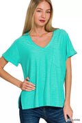 Slub Rolled Short Sleeve V-Neck Tee