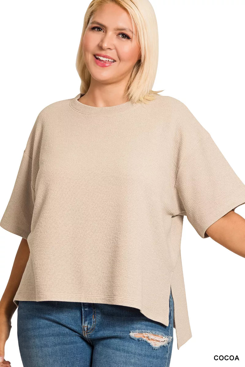 Full Size Double Knit Side Slits Hi Low Short Sleeve Top Plus Size