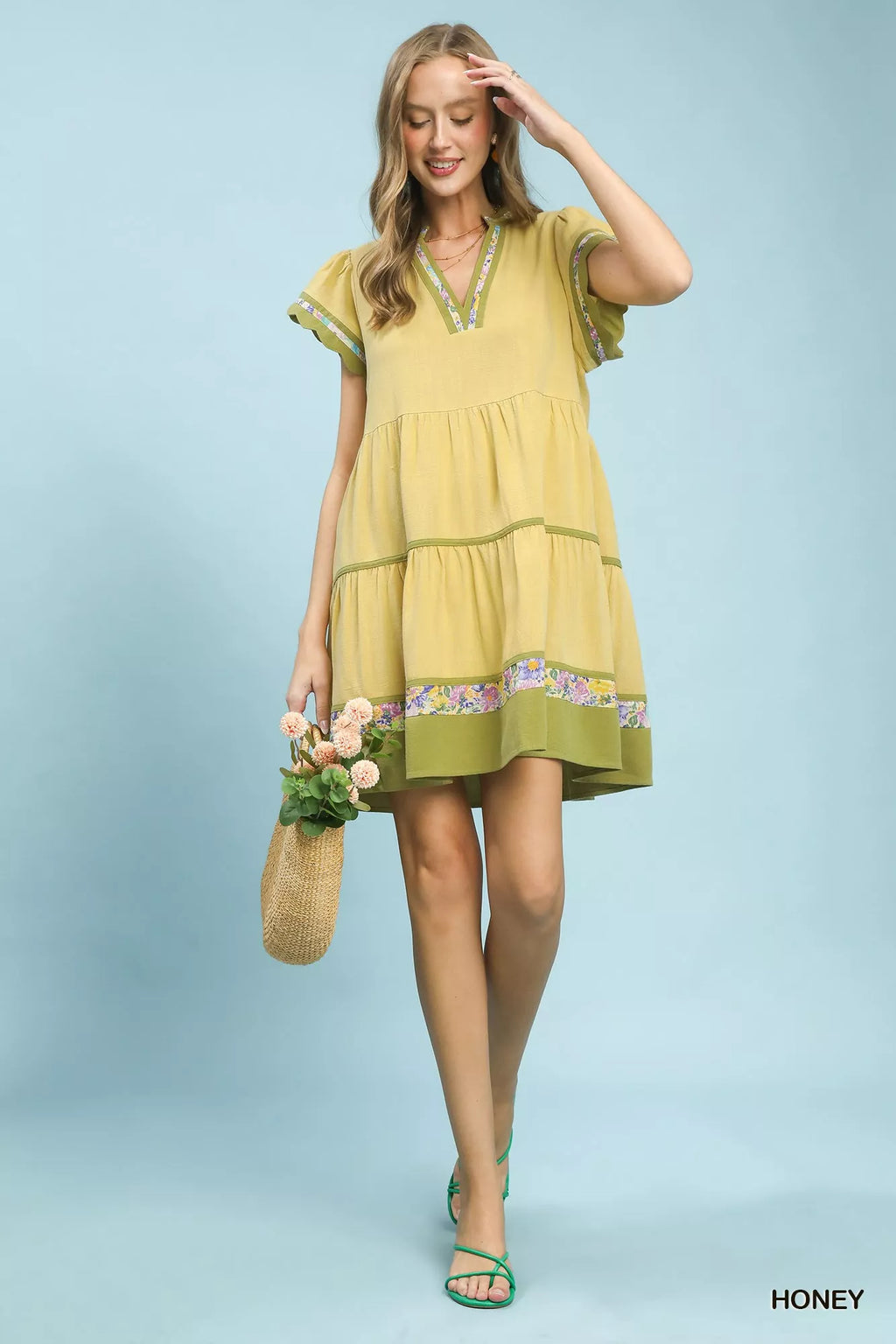 Linen Tiered Flutter Sleeve Dress with Floral Trim