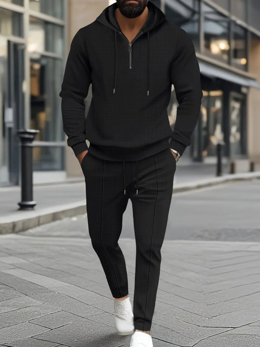 Men's Full Size Waffle-Knit Half Zipper Hoodie and Pants Set Plus Size