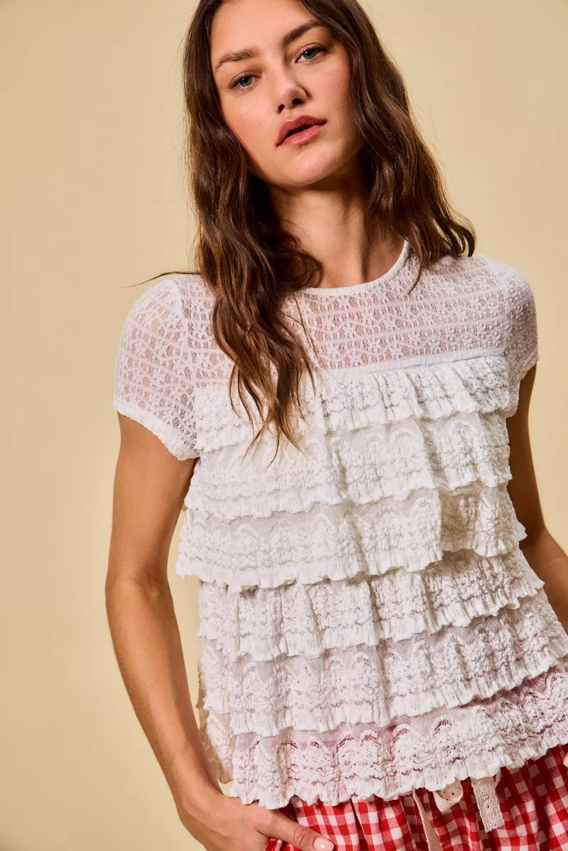 Ruffle Tiered Stretch Lace Short Sleeves Knit Top