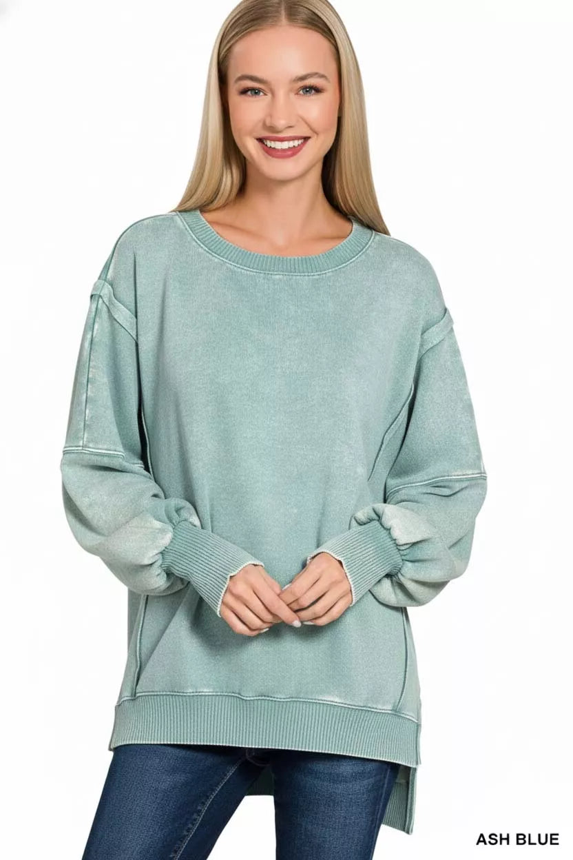 Acid Washed Batwing Sleeve Fleece Sweatshirt