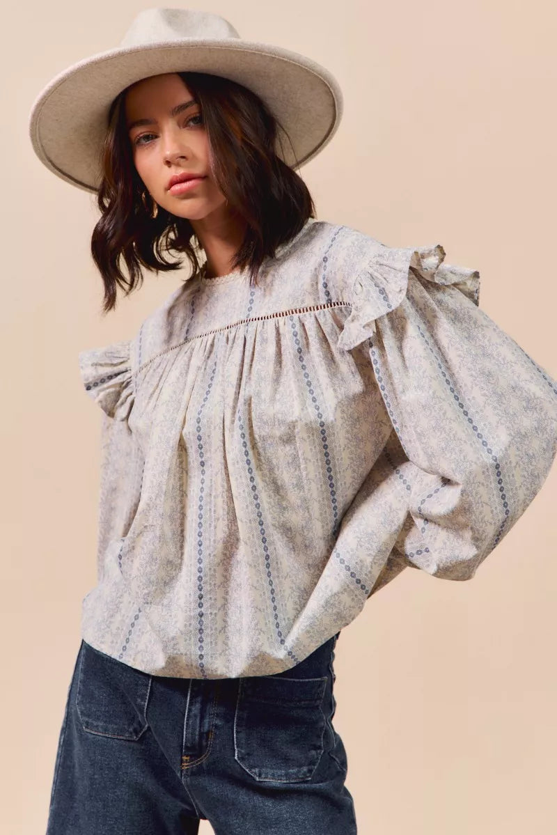 Floral Cotton Print Ruffled Long Sleeve Blouse