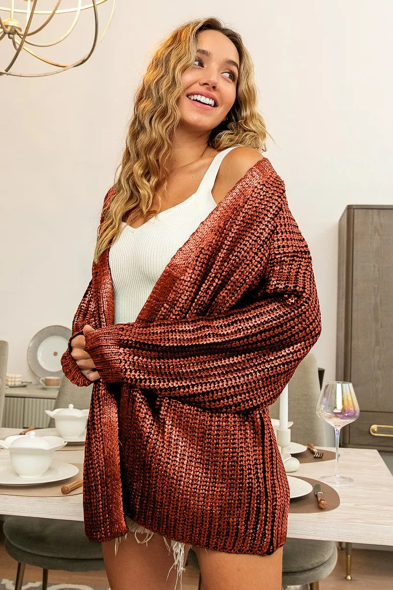 Metallic Knit V-neck Open Sweater Cardigan