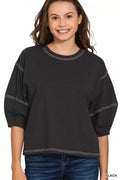 Balloon Sleeve Top with Contrast Stitching