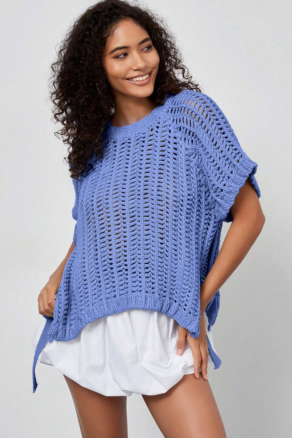Plus Size Open Knit Bow Tie Short Sleeve Sweater