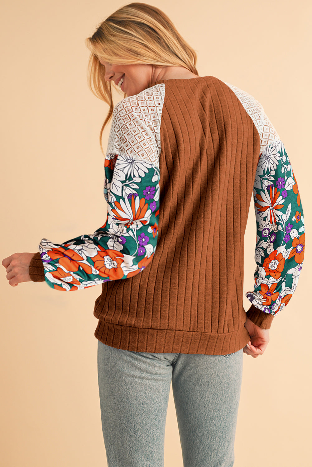 Parchment Floral Patchwork Raglan Sleeve Ribbed Blouse