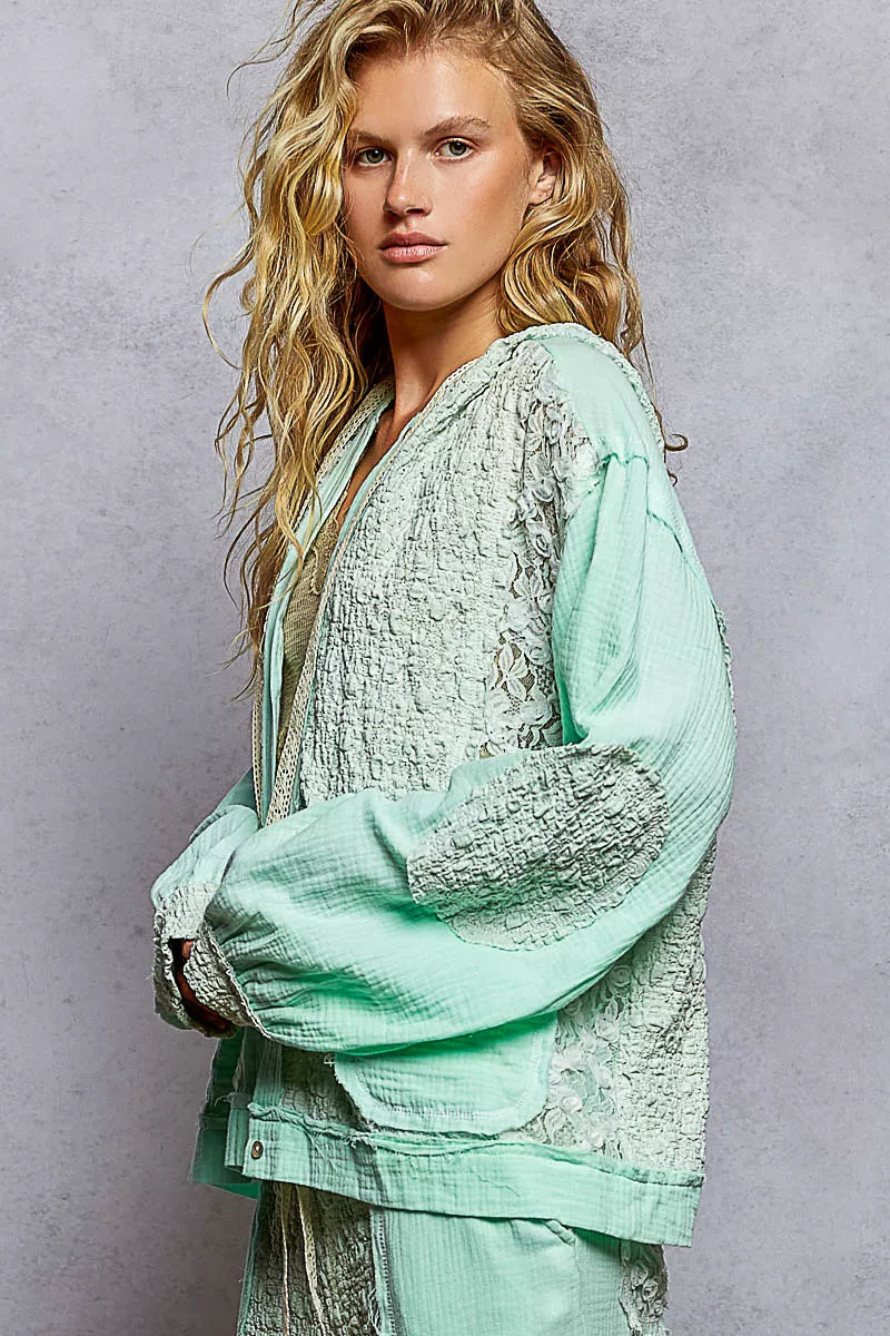 Exposed Seam Button Down Hooded Jacket with Lace Detail
