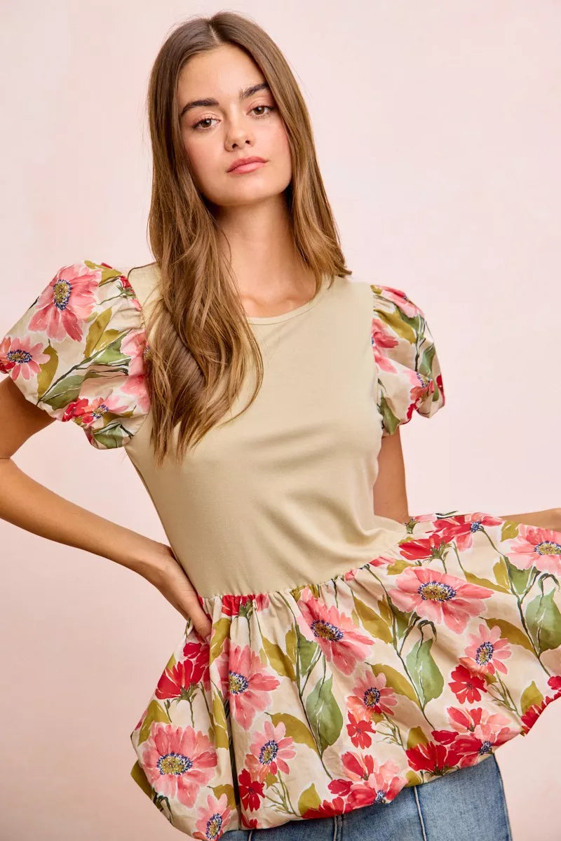 Floral Printed Bubble Sleeves and Hem Peplum Top