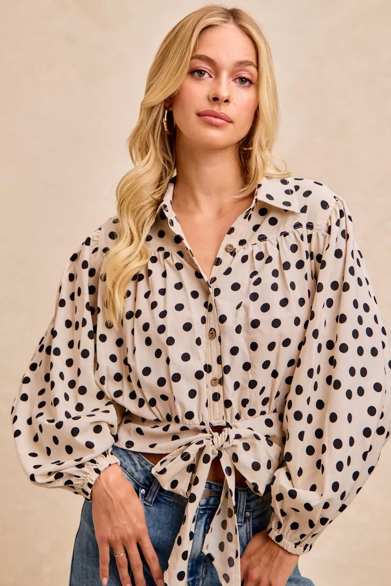 Polka Dot Print Tie Hem Detail Crop Shirt