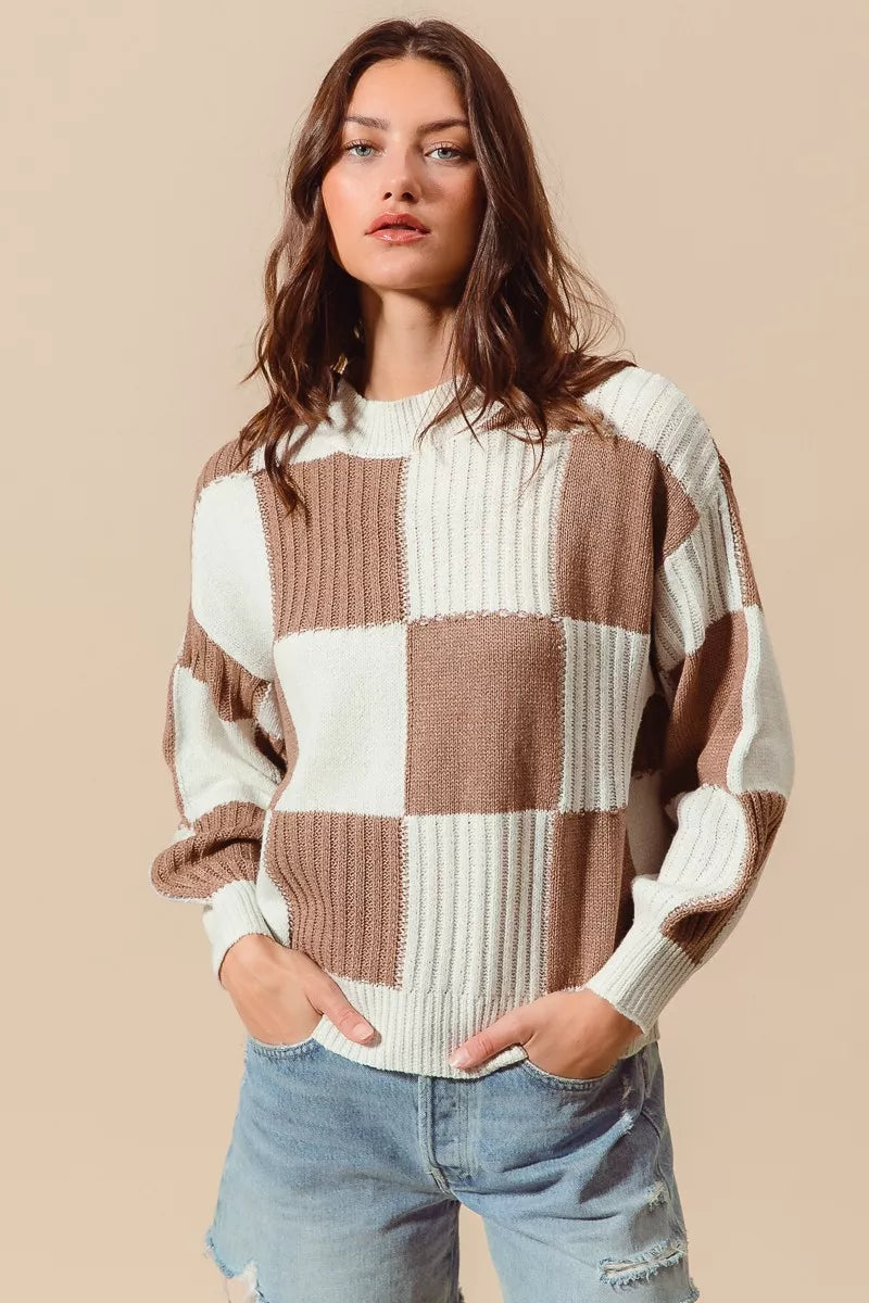 Ribbed Color Block Checkered Plaid Sweater