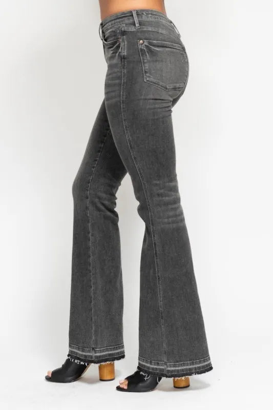 Full Size Mid Rise Tummy Control Washed Gray Release Hem Flare Jeans Plus Size