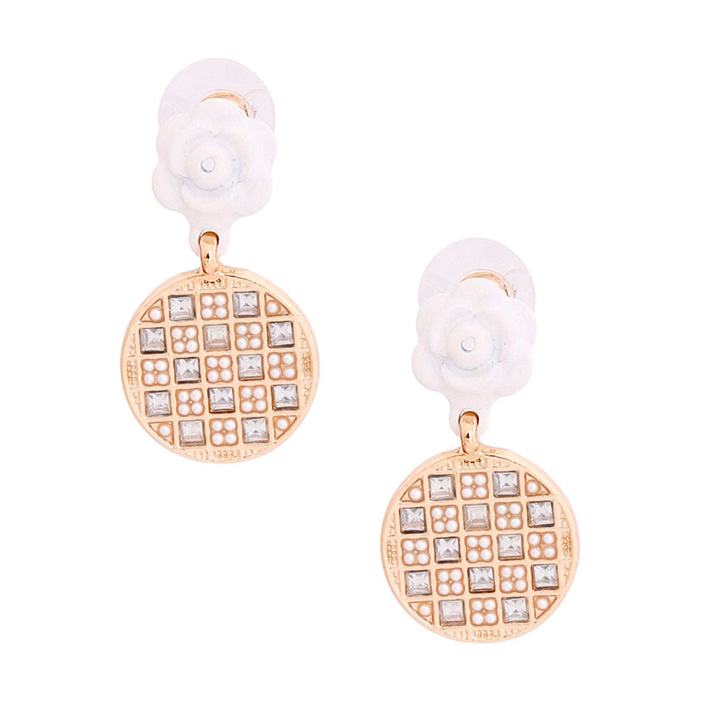 Statement Earrings White Flower Checkerboard Trendy Chic Jewelry