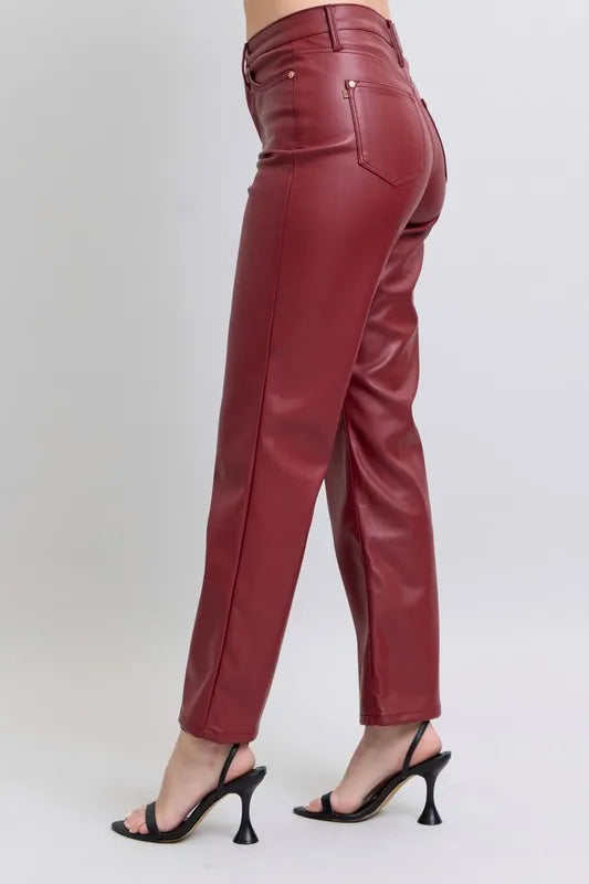 Full Size High Waist Tummy Control Faux Leather Straight Pants Plus Size