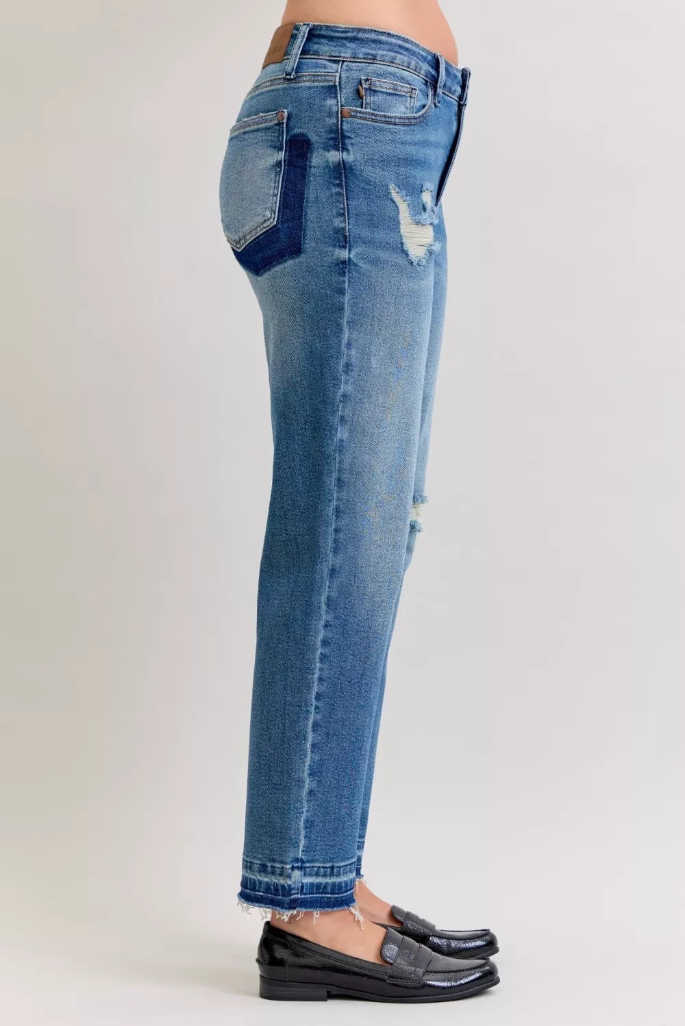 Full Size Mid Rise Bf Patch & Repair Destroy Release Hem Jeans Plus Size