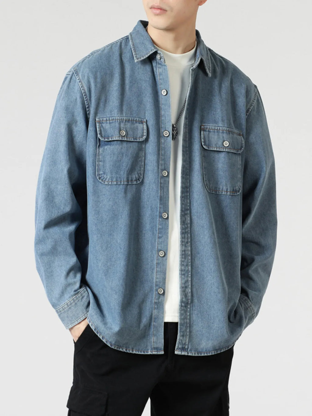 Men's Plus Size Wash Denim Shirt with Chest Pockets