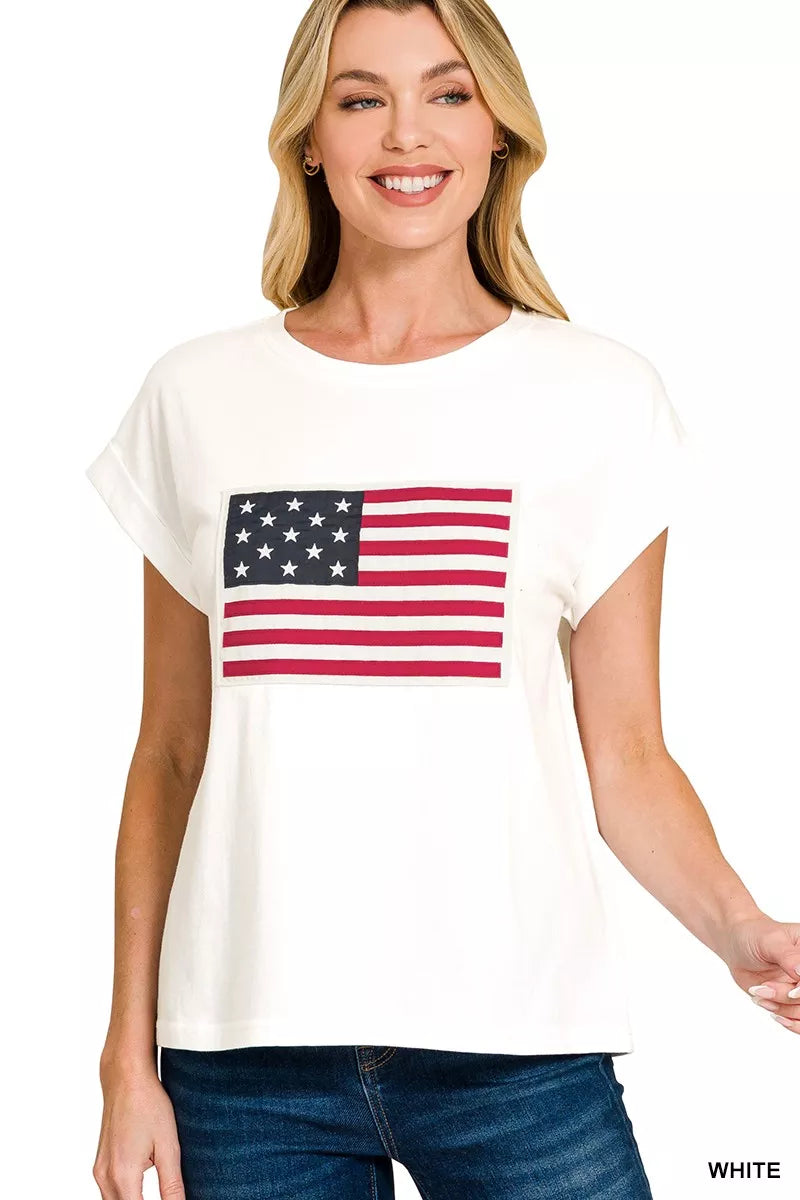 Full Size US Flag Round Neck Short Sleeve T-Shirt Plus Size