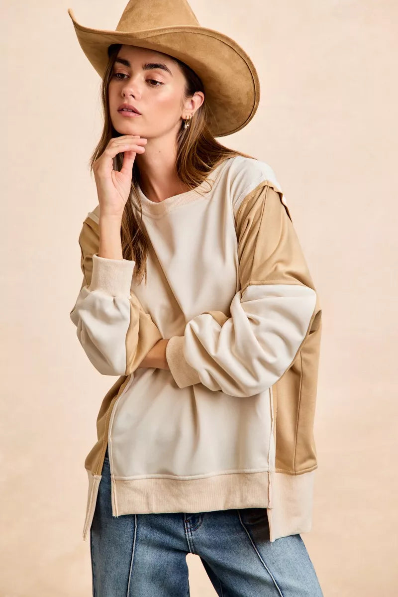 French Terry Color Block Top With Open Seam Detail