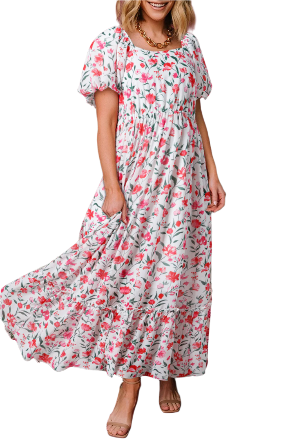 Pink Floral Puff Sleeve Square Neck Empire Waist Tiered Maxi Dress