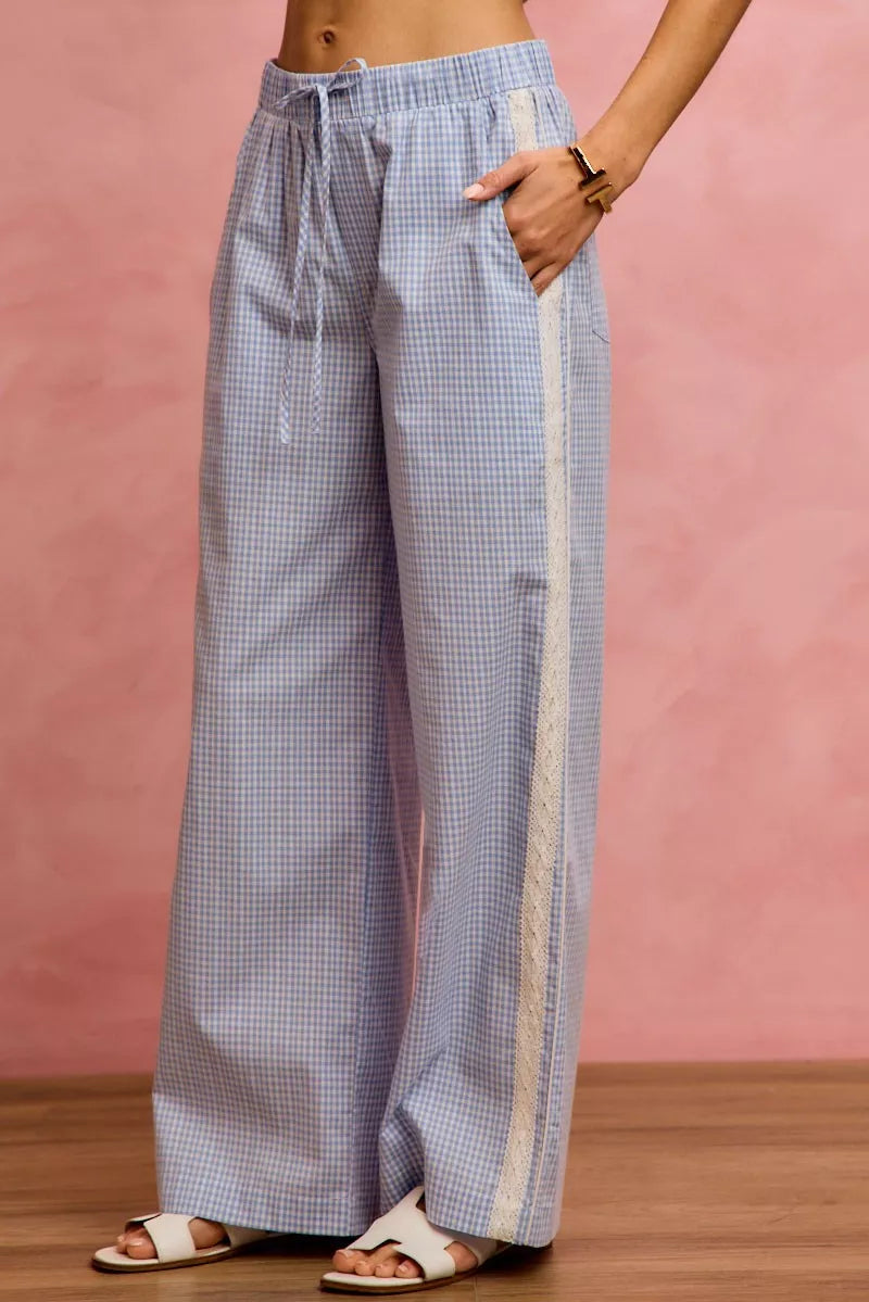Wide Check Pants With Side Lace Trim And Piping
