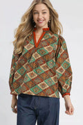 Abstract Print Ruffle Neck Top