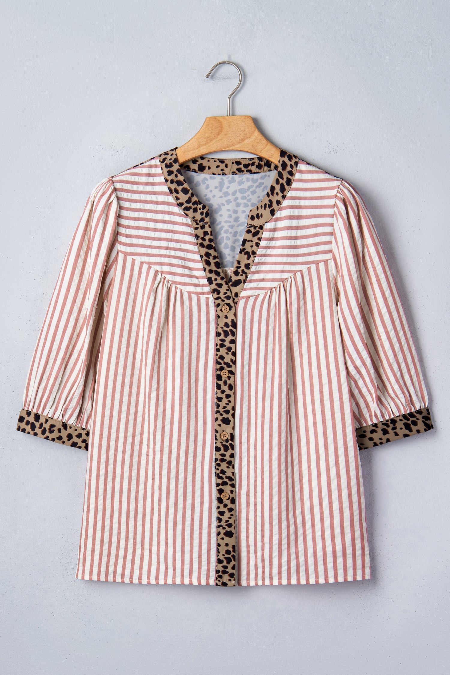 Pink Stripe Leopard Trim V Neck Button Down Half Sleeve Shirt