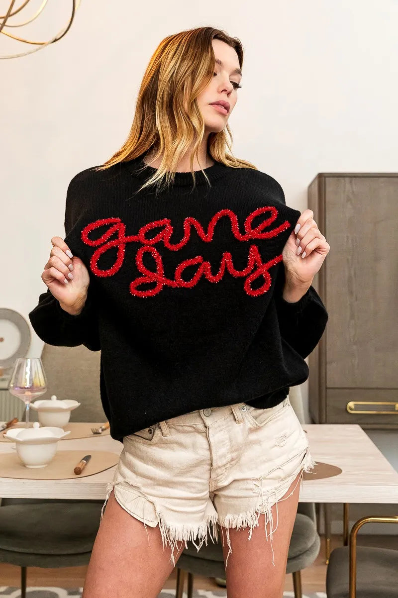 Game Day Metallic Letter Sweater