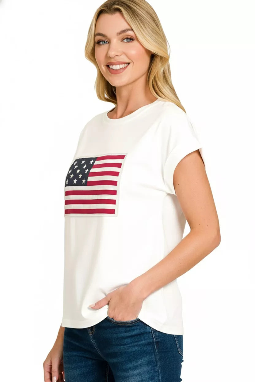 Full Size US Flag Round Neck Short Sleeve T-Shirt Plus Size