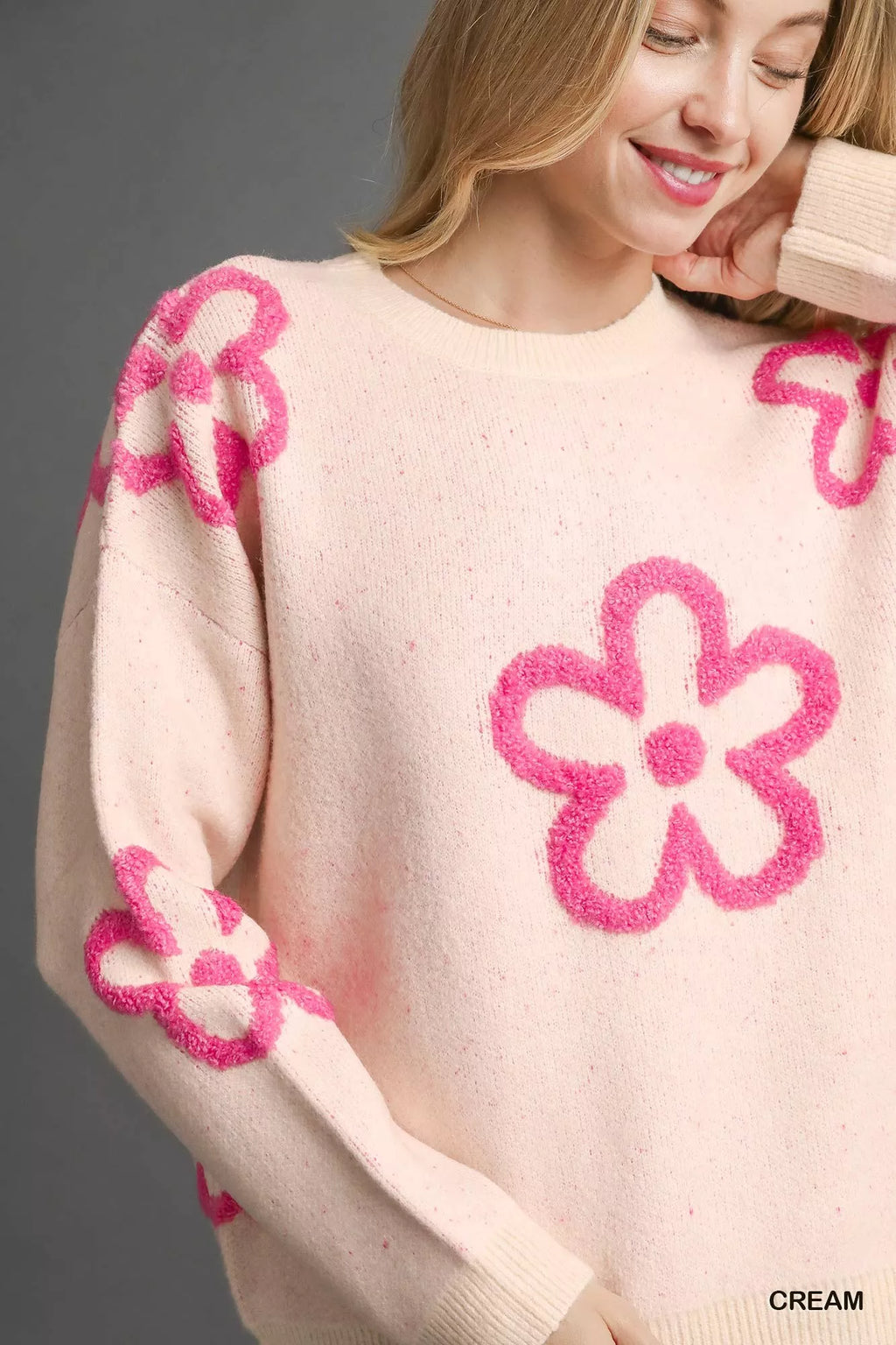 Round Neck Sweater with Pink Floral Accents