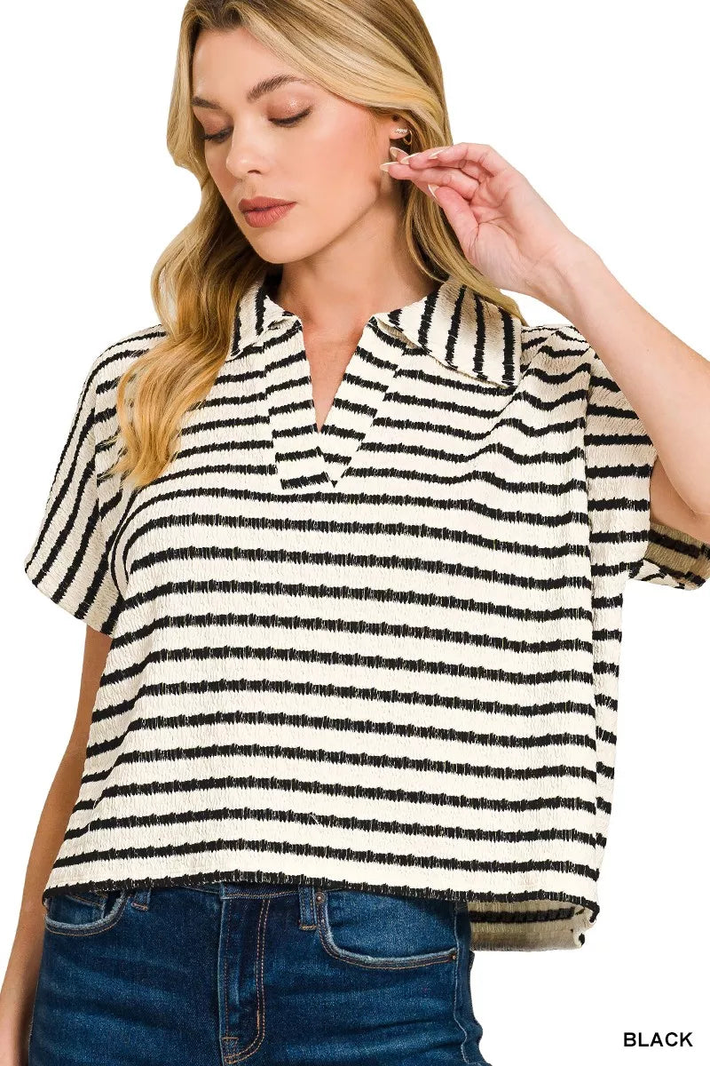 Striped Split Neck Collared Top